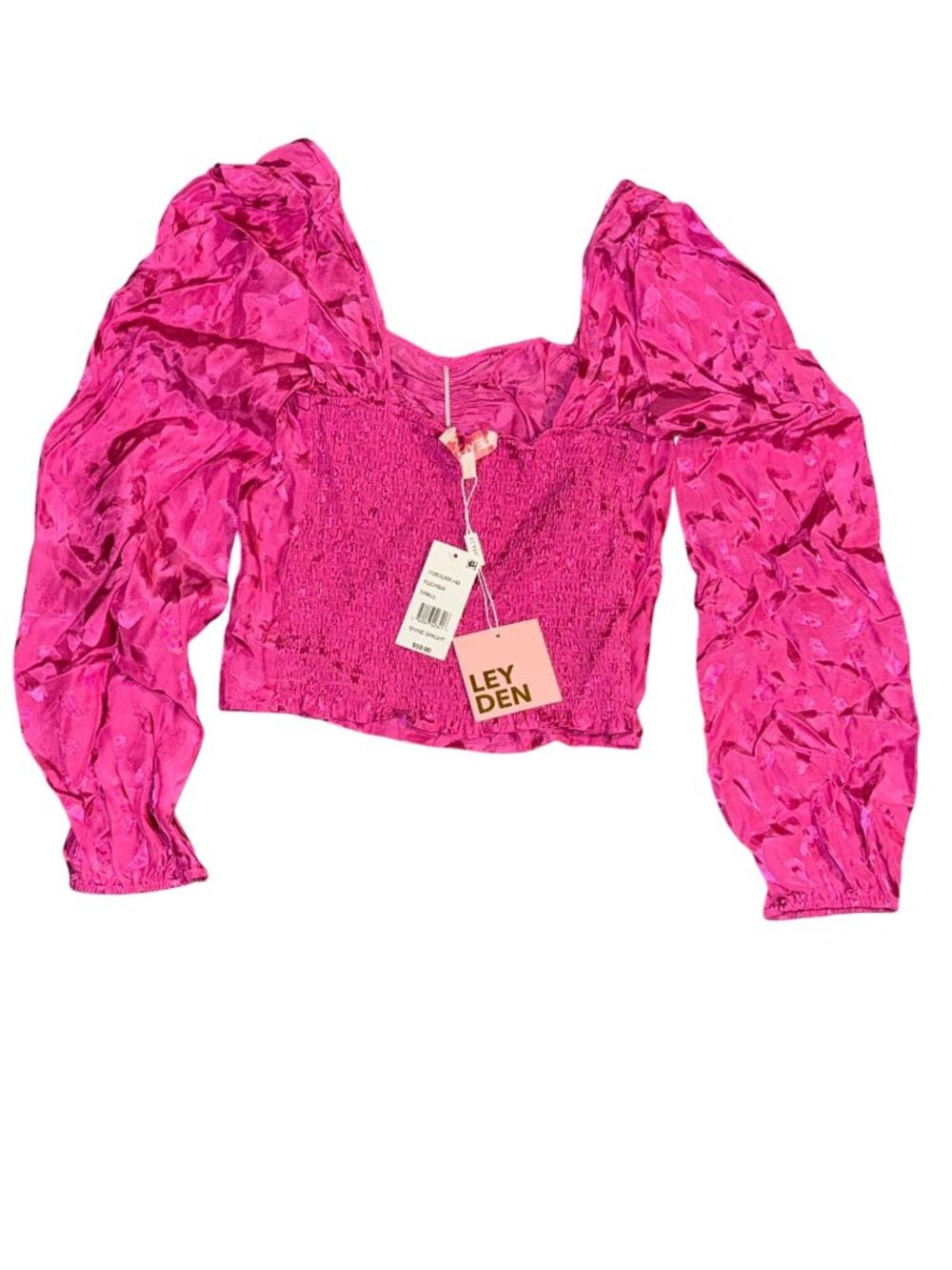 Leyden Womens Pink Satin Smocked Crop Top Blouse With Ruched Details & Puff Slee